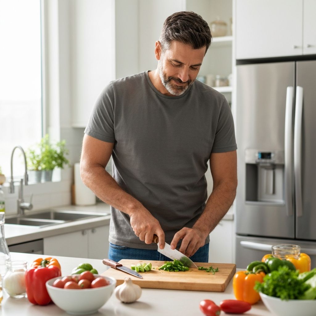 Pria menyiapkan makanan sehat di dapur